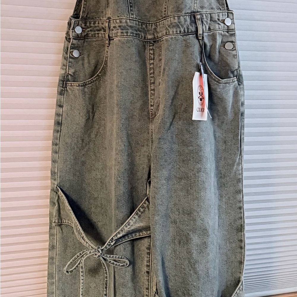 Cider Light Blue Denim Tie-Knot Wide Leg Overalls - Picture 13 of 14